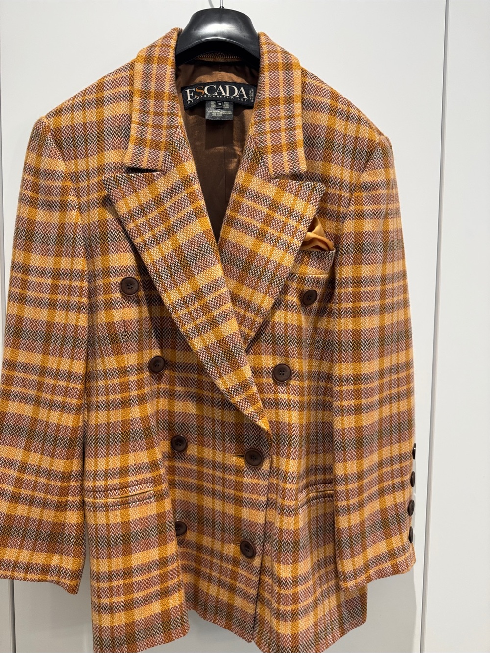 Escada Vintage Wool Orange and Brown Plaid Double-Breasted Blazer